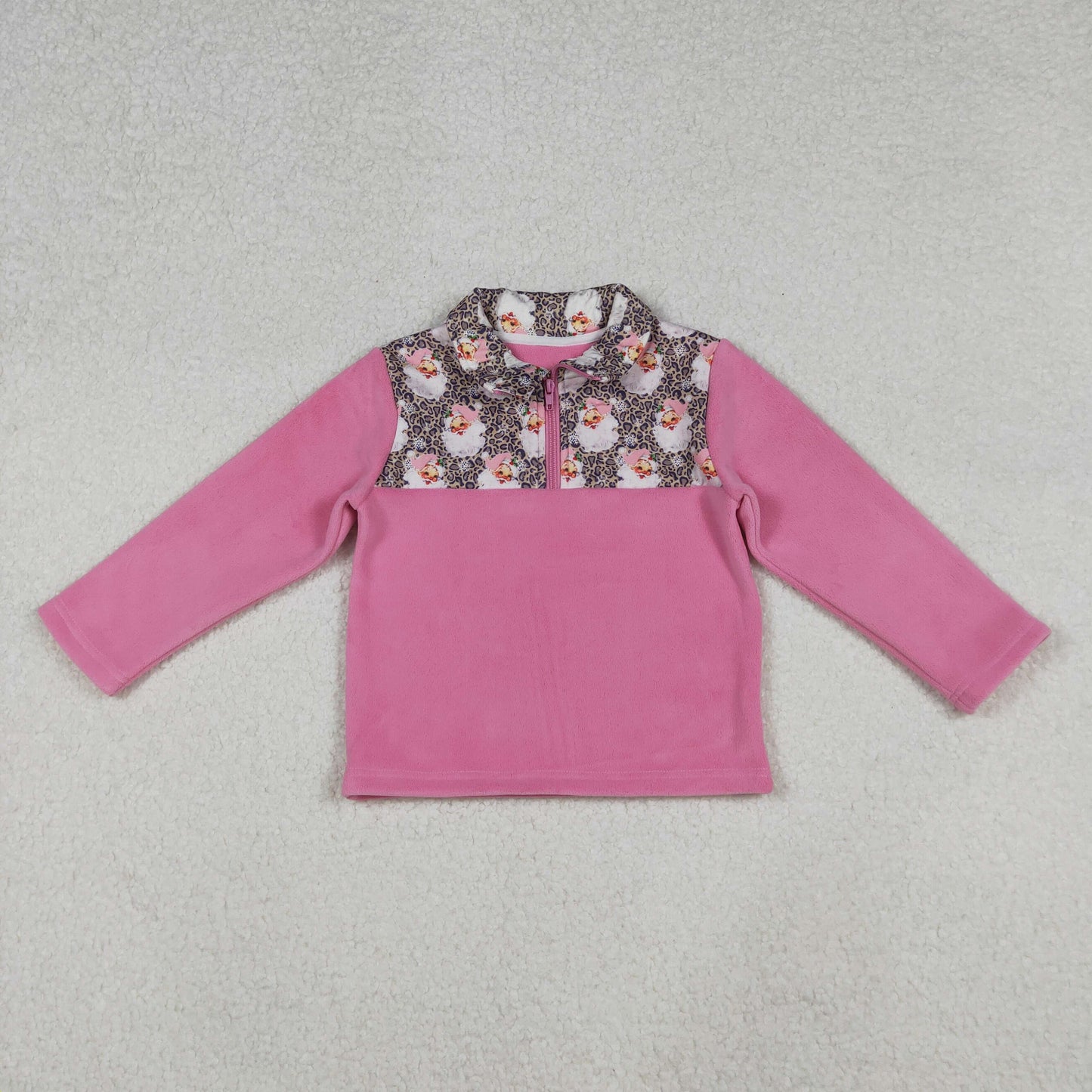 GT11501 Baby Girls Leopard Santa Quatrefoil Zipper Pullover Christmas Sherpa Tops