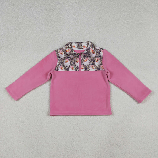 GT11501 Baby Girls Leopard Santa Quatrefoil Zipper Pullover Christmas Sherpa Tops