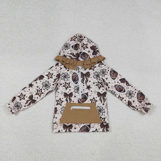 GT1152 Baby Girls Bows Flowers Footballs Zipper Pocket Team Ruffle Hoodies Top