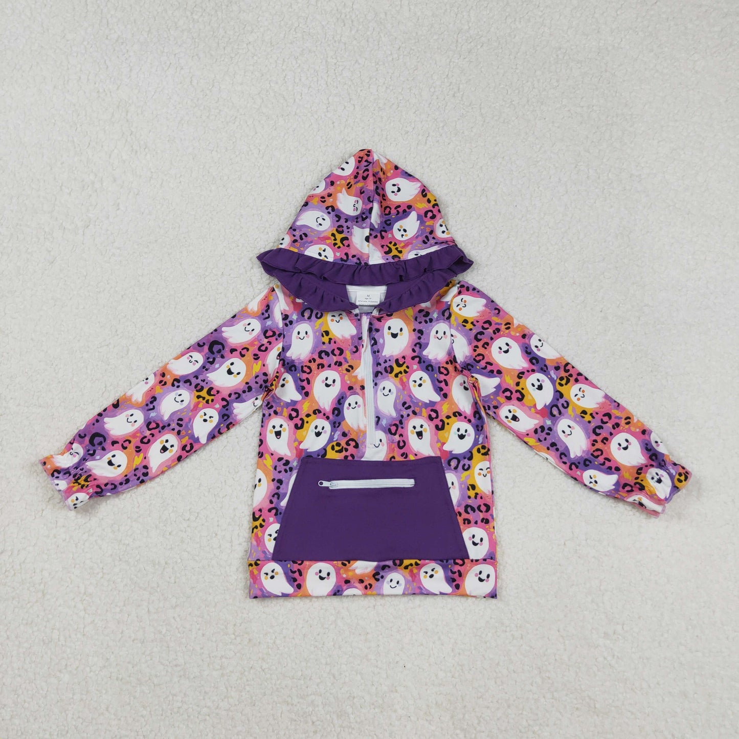 GT1155 Baby Girls Colorful Leopard Ghosts Zipper Pocket Halloween Ruffle Hoodies Top