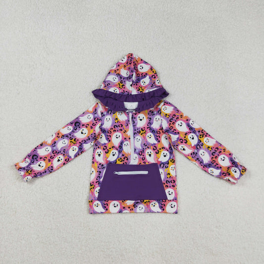 GT1155 Baby Girls Colorful Leopard Ghosts Zipper Pocket Halloween Ruffle Hoodies Top