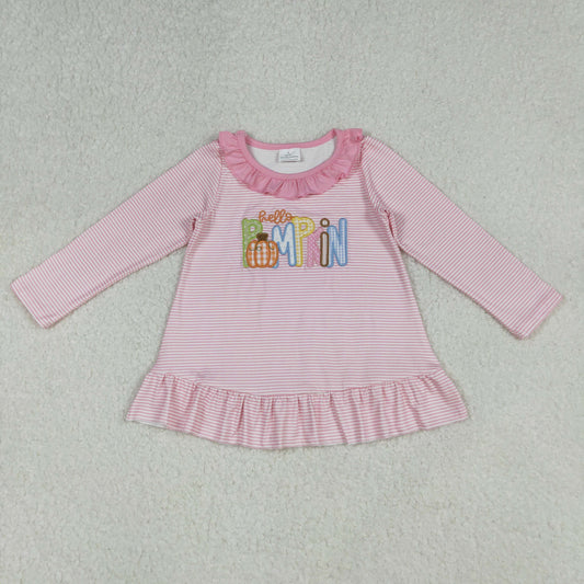 GT1183 Baby Girls Pink Stripe Long Sleeve Embroidery Pumpkins Fall Ruffle Shirts Tunic