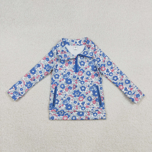 GT1192 Baby Girls Blue Pink Flowers Yoga Active Zipper Pockets Pullovers Top