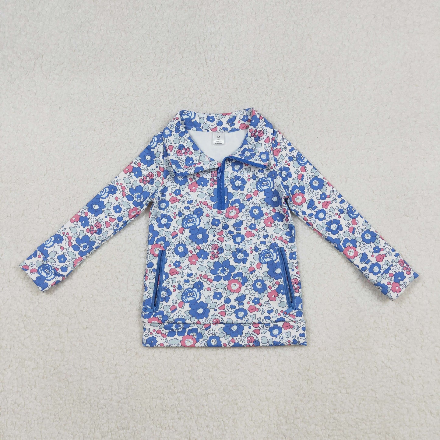 Sibling Baby Girls Pink Blue Flowers Pockets Zipper Yoga Active Pullovers Top