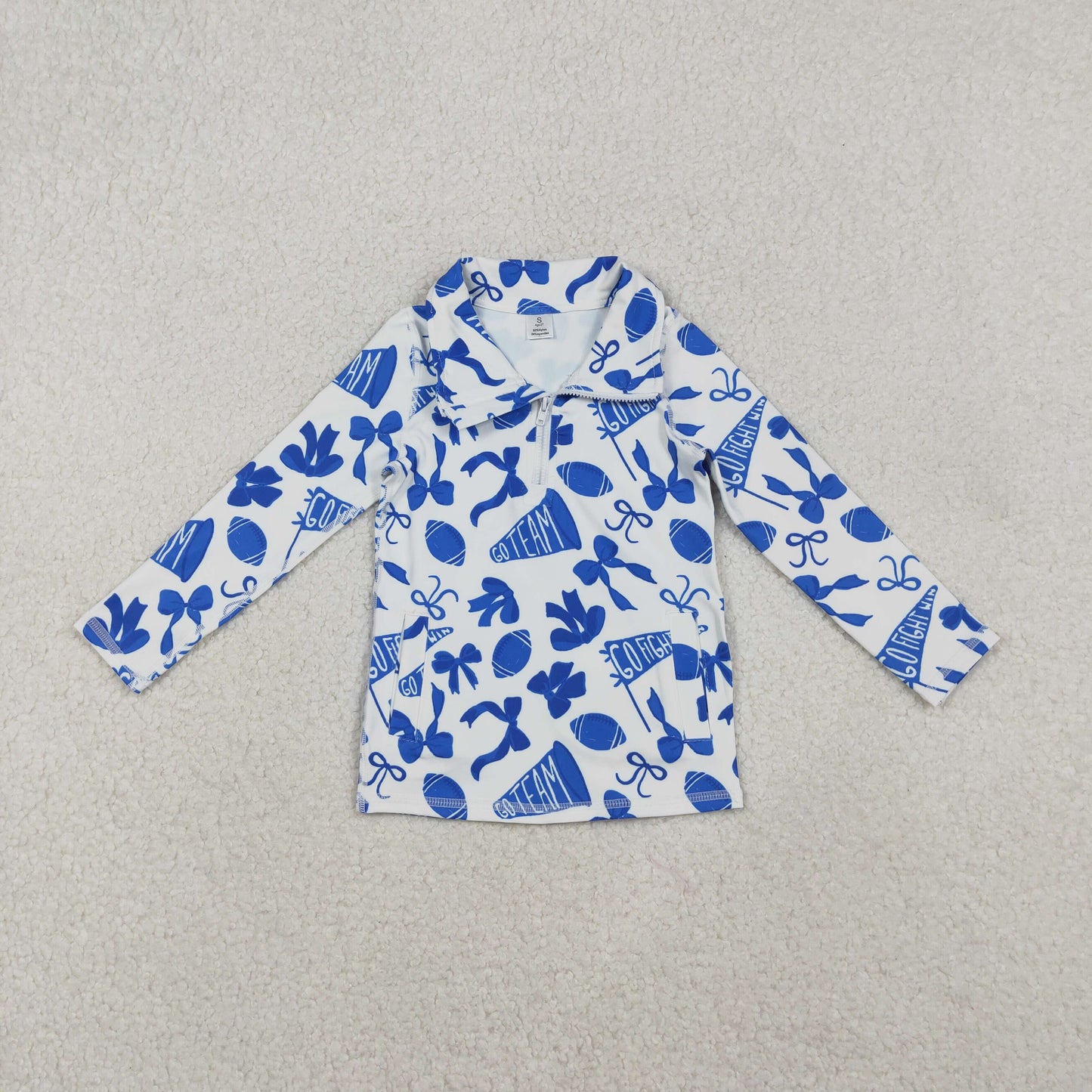 GT1195 Baby Girls Blue Bows Footballs Go Team Yoga Active Zipper Pullovers Top