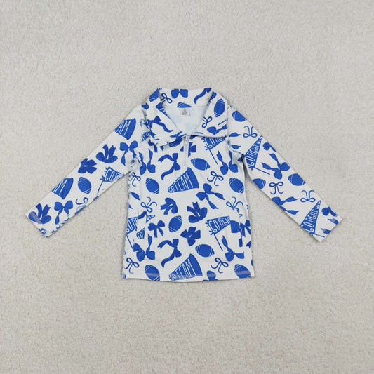 GT1195 Baby Girls Blue Bows Footballs Go Team Yoga Active Zipper Pullovers Top