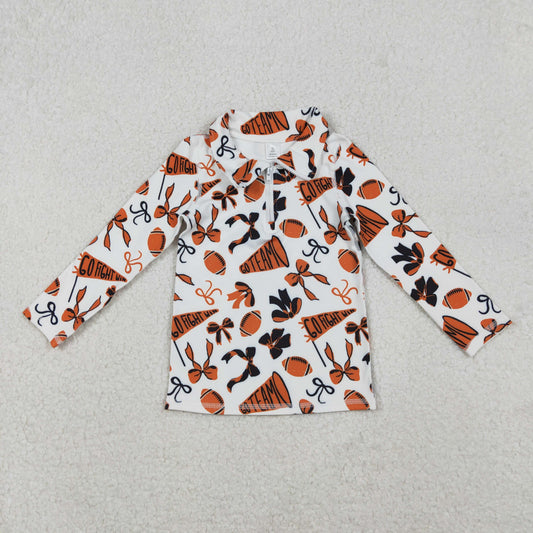 GT1197 Baby Girls Black Orange Bows Footballs Go Team Yoga Active Zipper Pullovers Top