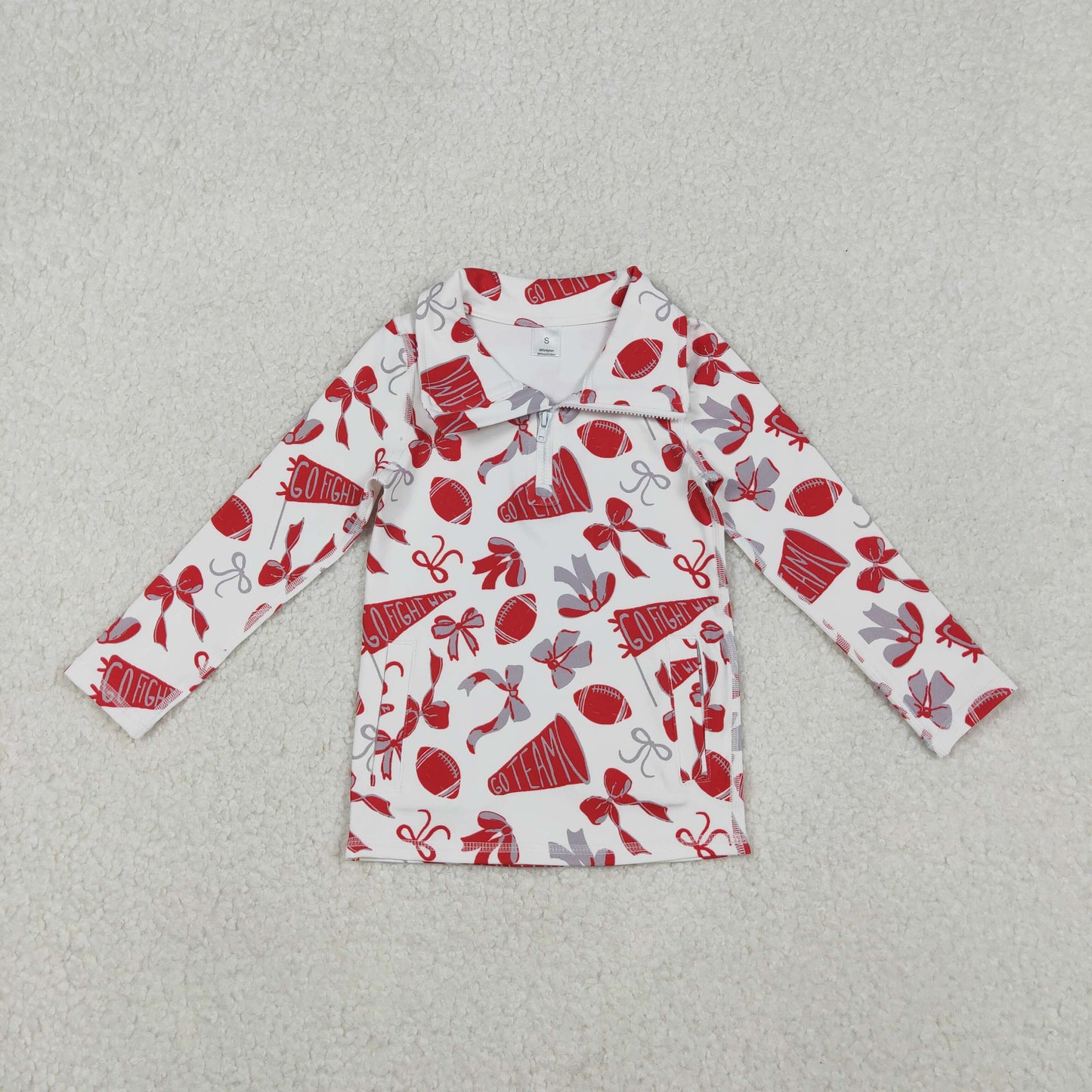 GT1198 Baby Girls Red Bows Footballs Go Team Yoga Active Zipper Pullovers Top