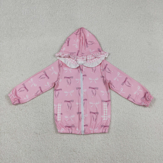GT1217 Baby Girls Pink Bows Pockets Zipper Ruffle Hoodie Jackets Top