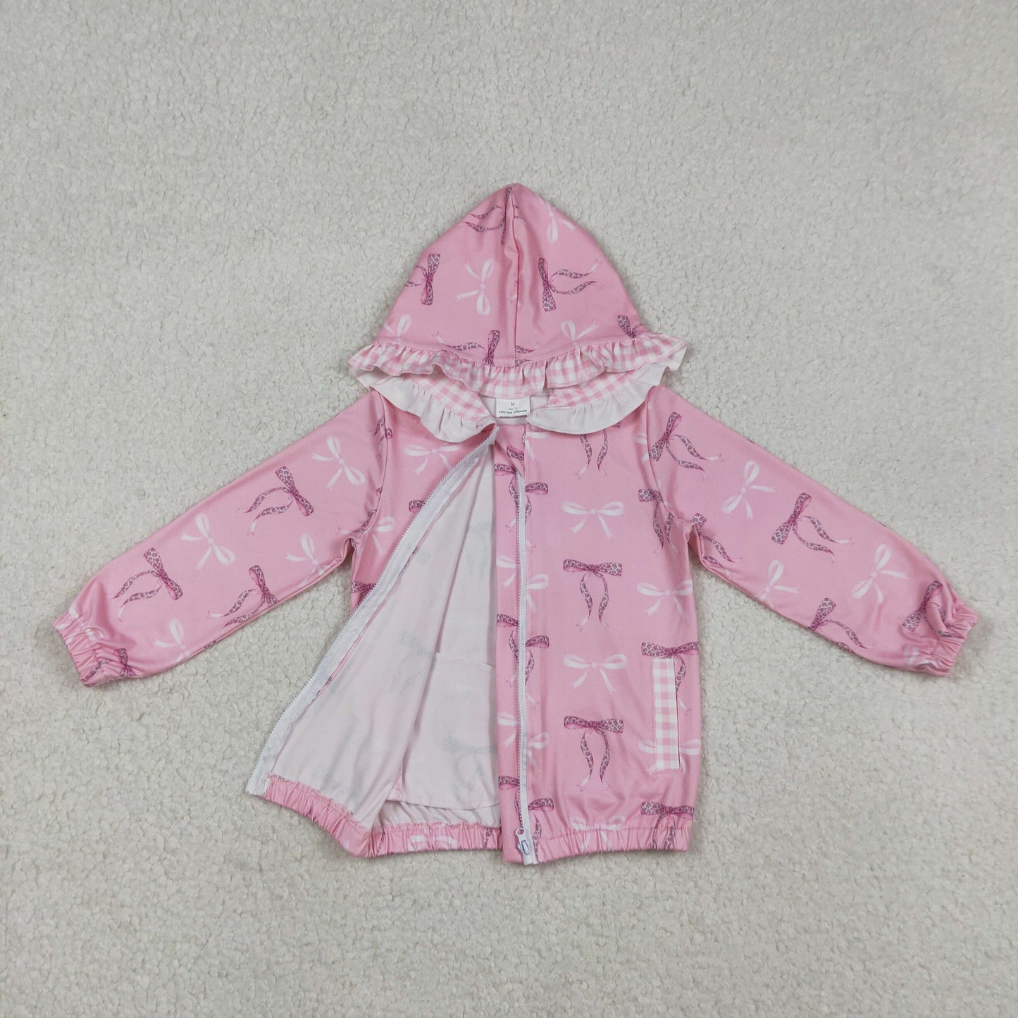 Sibling Baby Girls Long Sleeve Bows Checked Mouths Ruffle Hoodie Zip Pockets Jackets Top