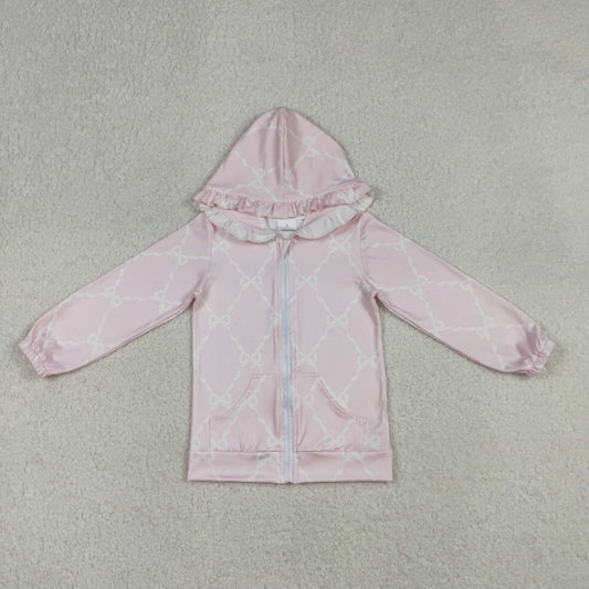 GT1246 Baby Girls Light Pink Bows Checked Pockets Zipper Ruffle Hoodie Jackets Top