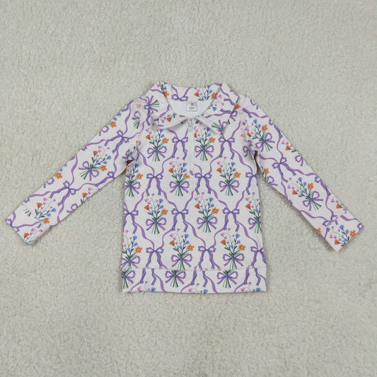 GT1371 Baby Girls Purple Bows Flowers Checked Yoga Active Zipper Pullovers Top