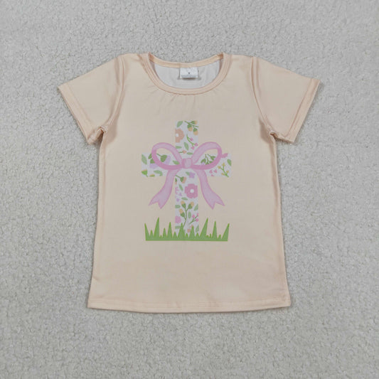 GT1297 Baby Girls Short Sleeve Bows Flowers Cross Easter Tee Shirts Top