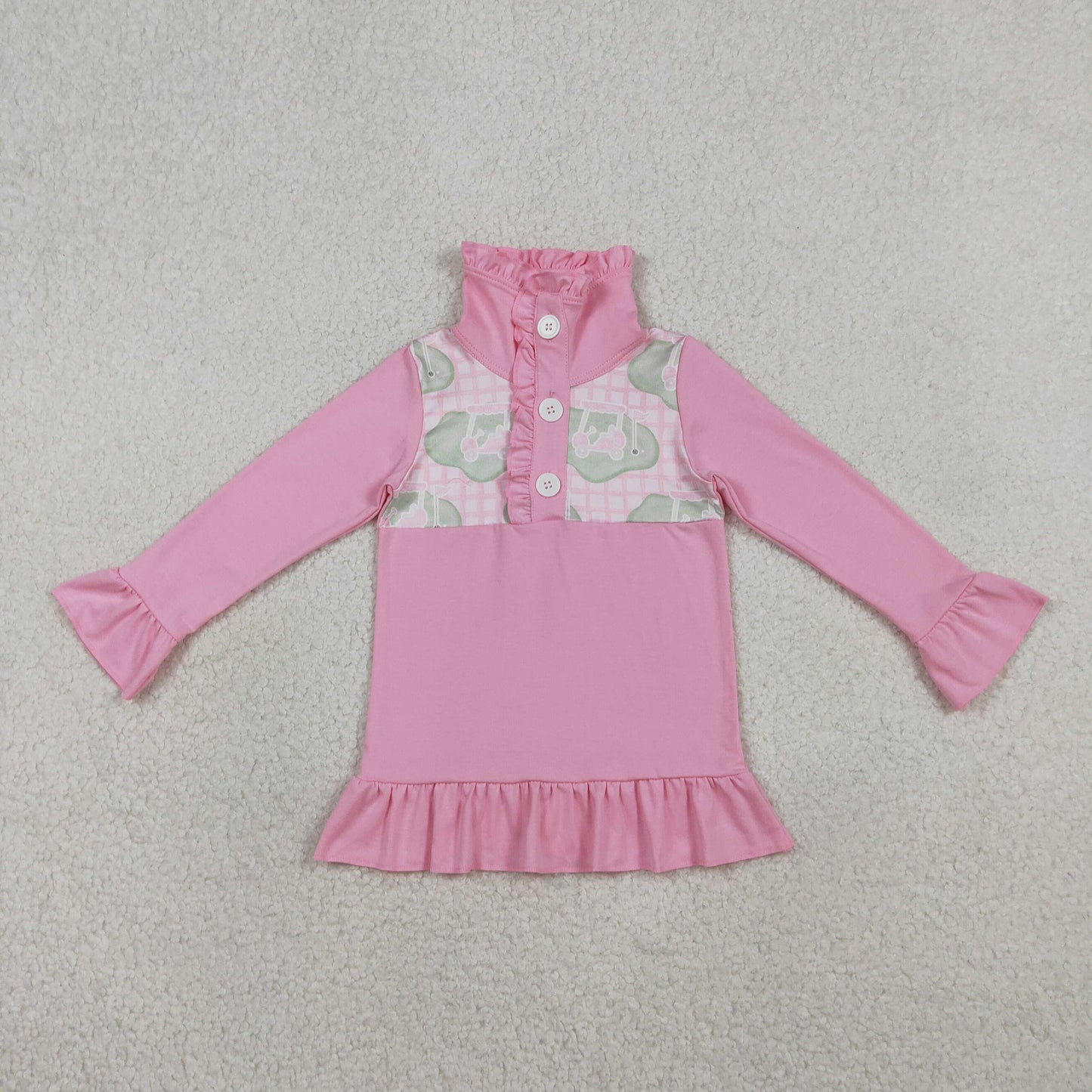 GT1402 Baby Girls Long Ruffle Sleeve Pink Checked Golf Trucks Button Pullovers Top