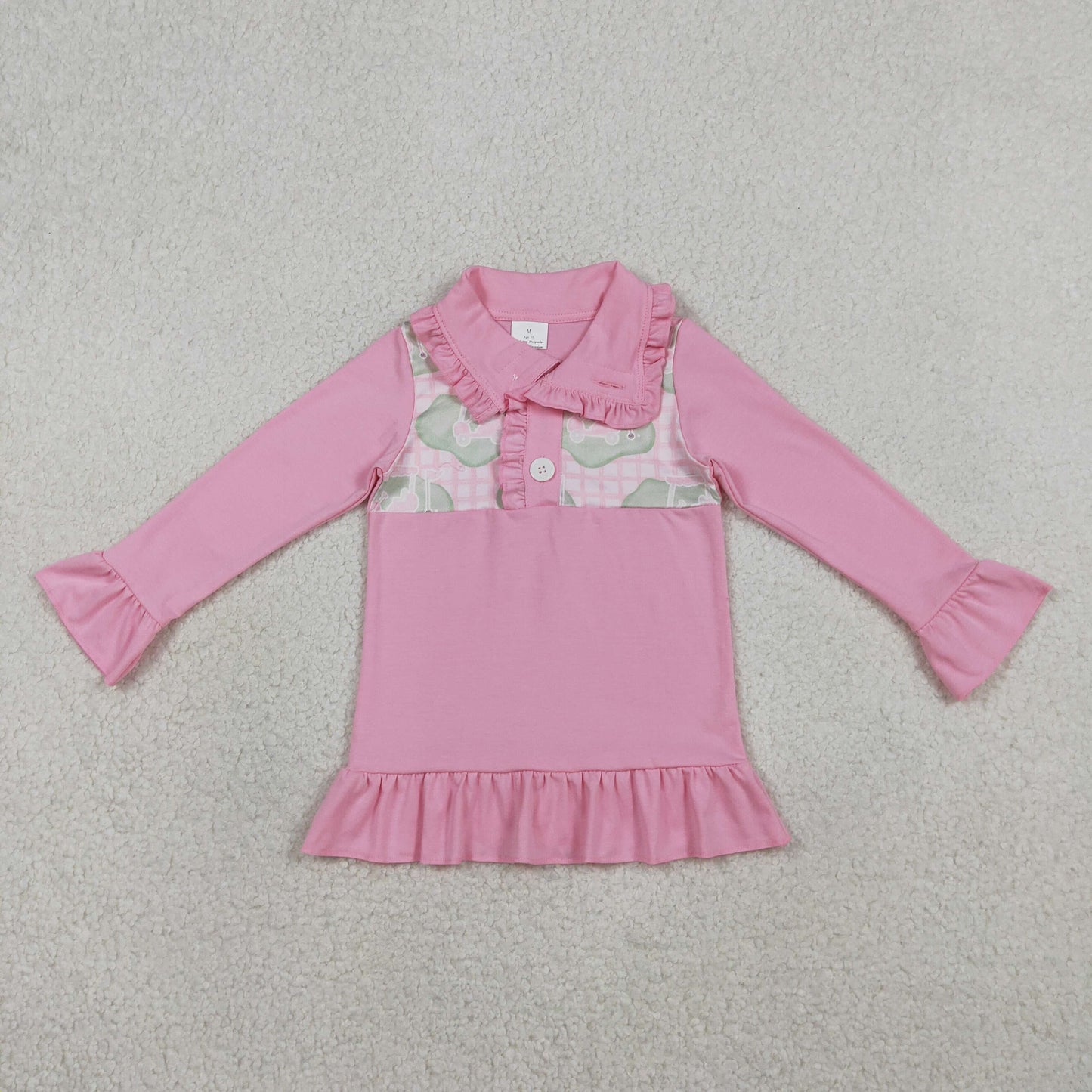 GT1402 Baby Girls Long Ruffle Sleeve Pink Checked Golf Trucks Button Pullovers Top
