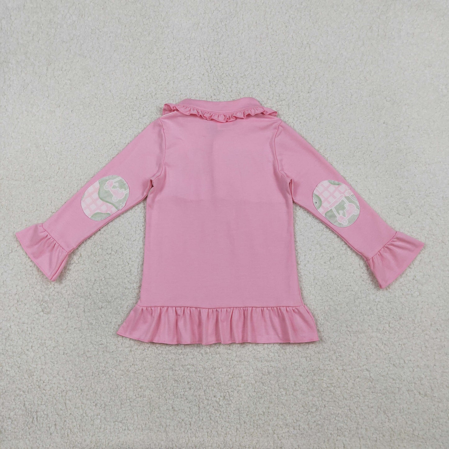 GT1402 Baby Girls Long Ruffle Sleeve Pink Checked Golf Trucks Button Pullovers Top