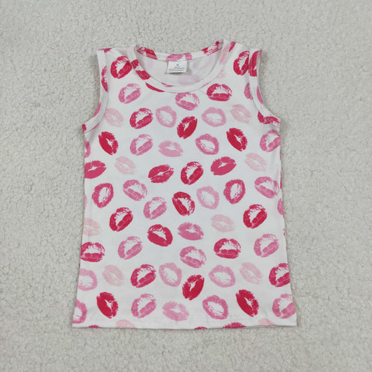 GT1419 Baby Girls Sleeveless Pink Mouths Plaid Valentnes Vest Shirts Top