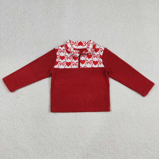 GT1505 Baby Girls Red Hearts Bows Checked Zipper Pullover Valentines Sherpa Tops