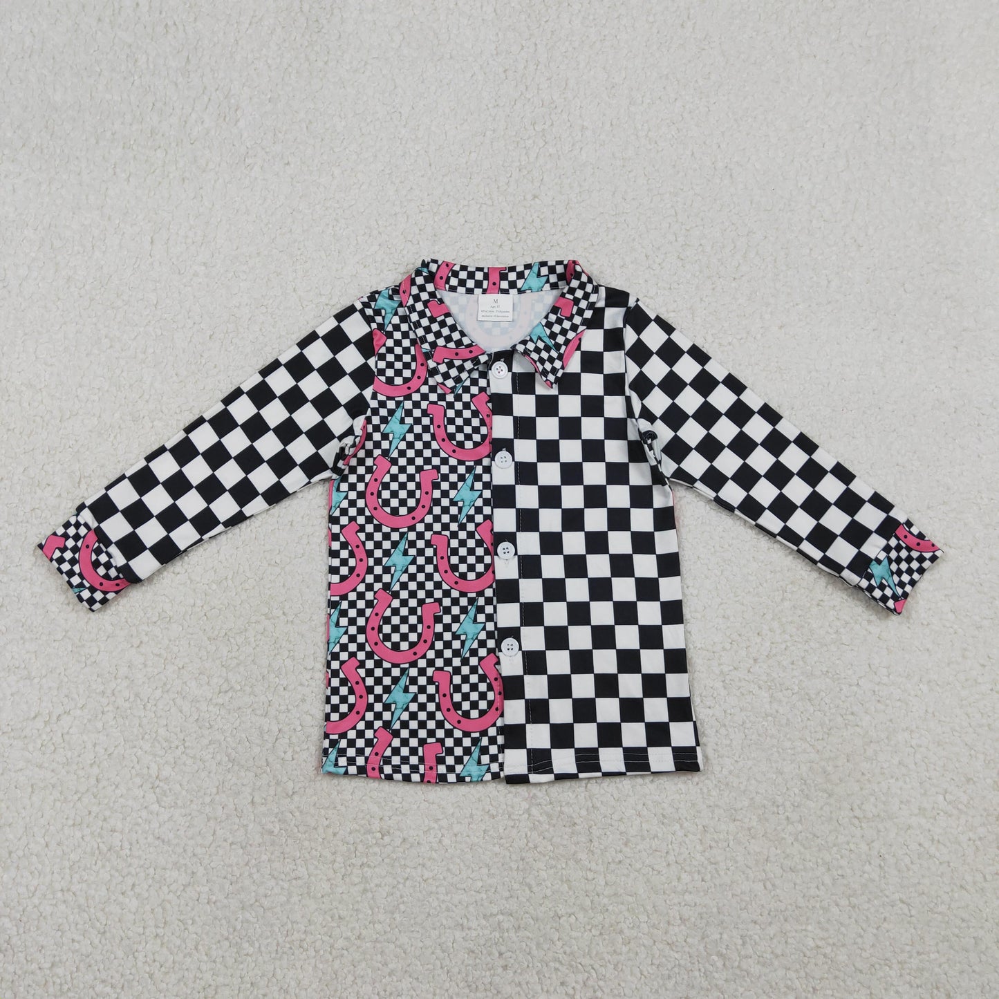GT1509 Baby Girls Black Checked Lightnings Shoes Western Button Shirts Top