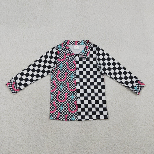 GT1509 Baby Girls Black Checked Lightnings Shoes Western Button Shirts Top