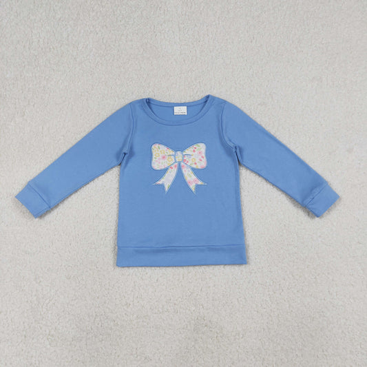 GT1538 Baby Girls Blue Long Sleeve Embroidery Floral Bows T-shirts Top