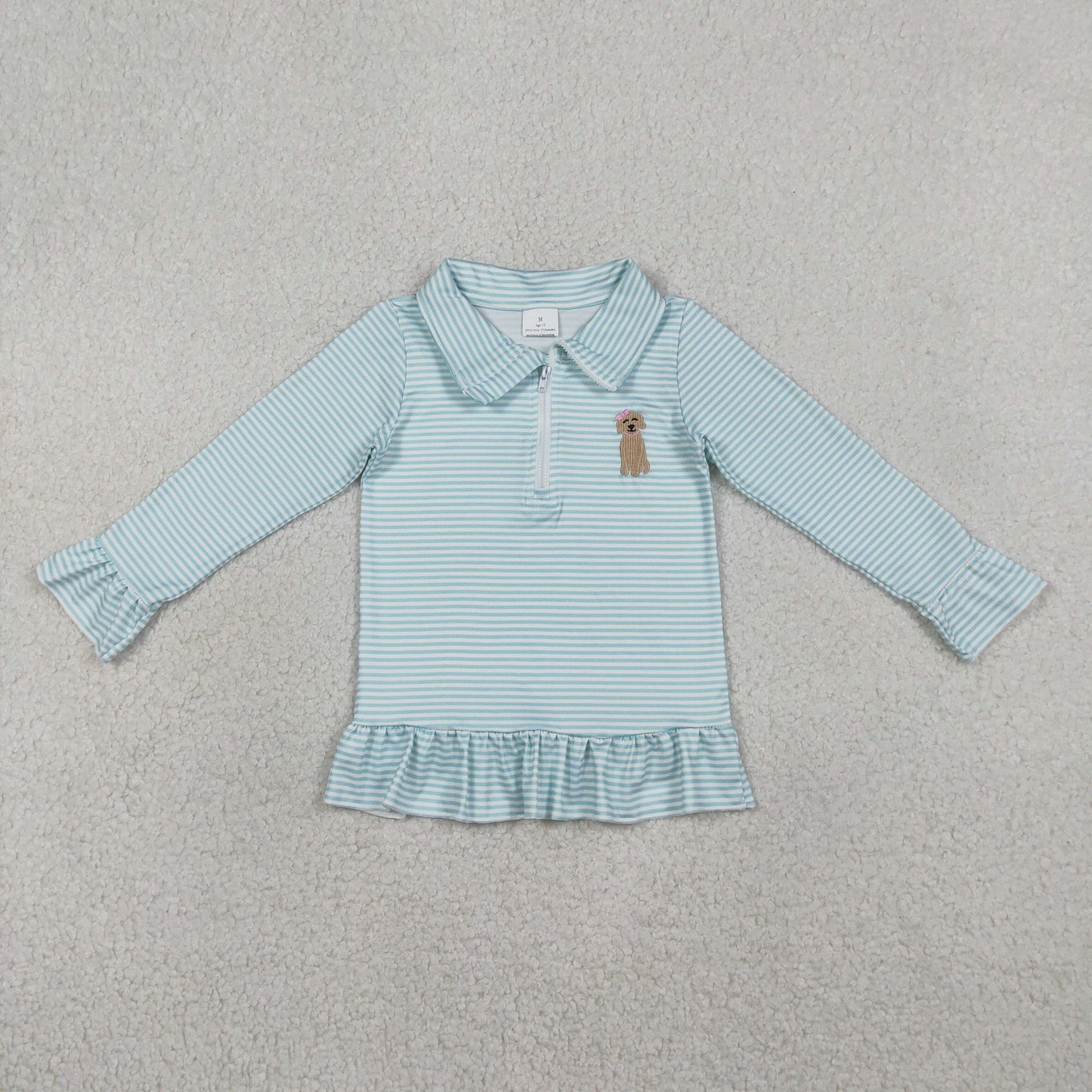 GT1543 Baby Girls Long Sleeve Blue Stripe Embroidery Bow Dogs Zipper Ruffle Pullovers Top