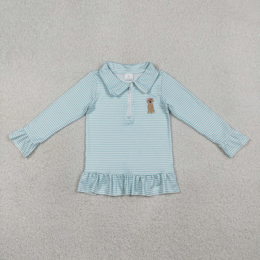 GT1543 Baby Girls Long Sleeve Blue Stripe Embroidery Bow Dogs Zipper Ruffle Pullovers Top
