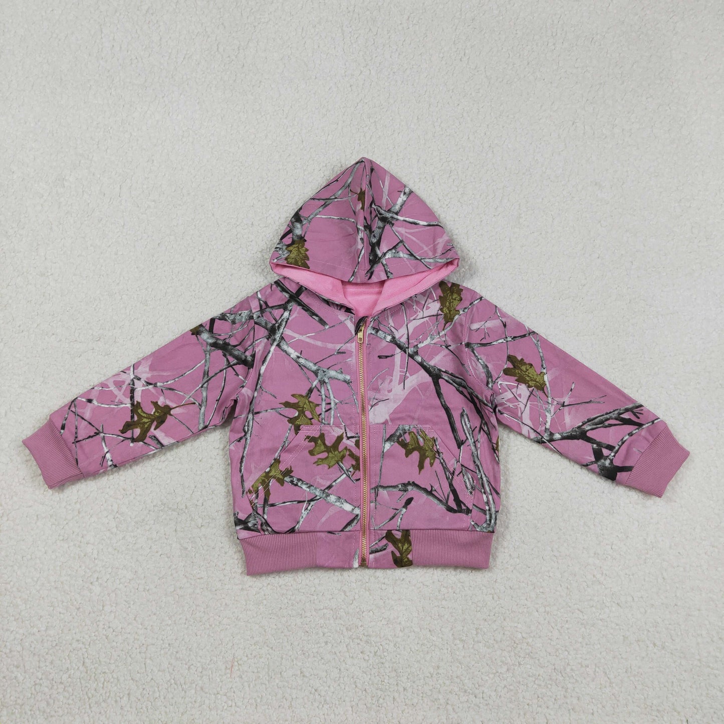GT1591 Baby Girls Pink Long Sleeve Leaves Camo Zipper Hoodie Jackets Top