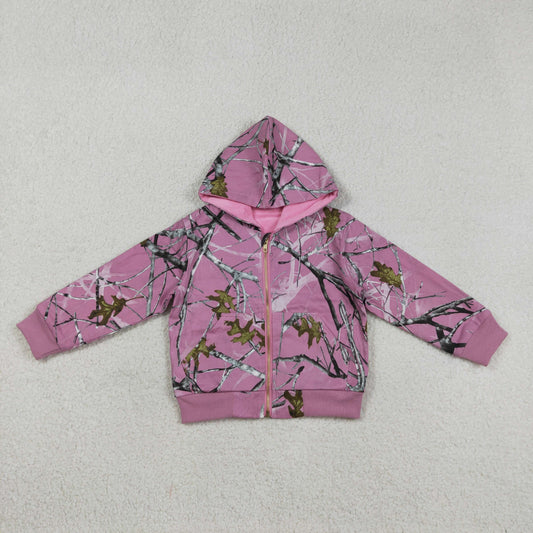 GT1591 Baby Girls Pink Long Sleeve Leaves Camo Zipper Hoodie Jackets Top