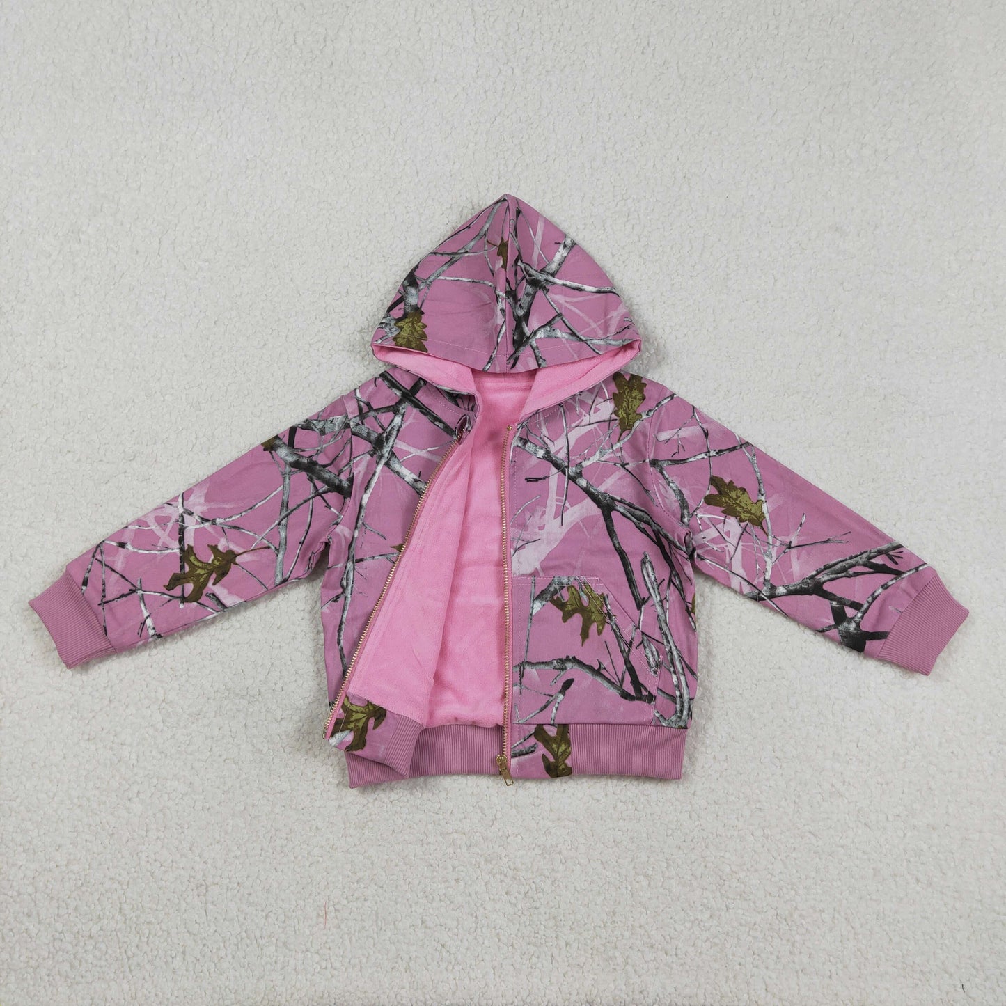 GT1591 Baby Girls Pink Long Sleeve Leaves Camo Zipper Hoodie Jackets Top