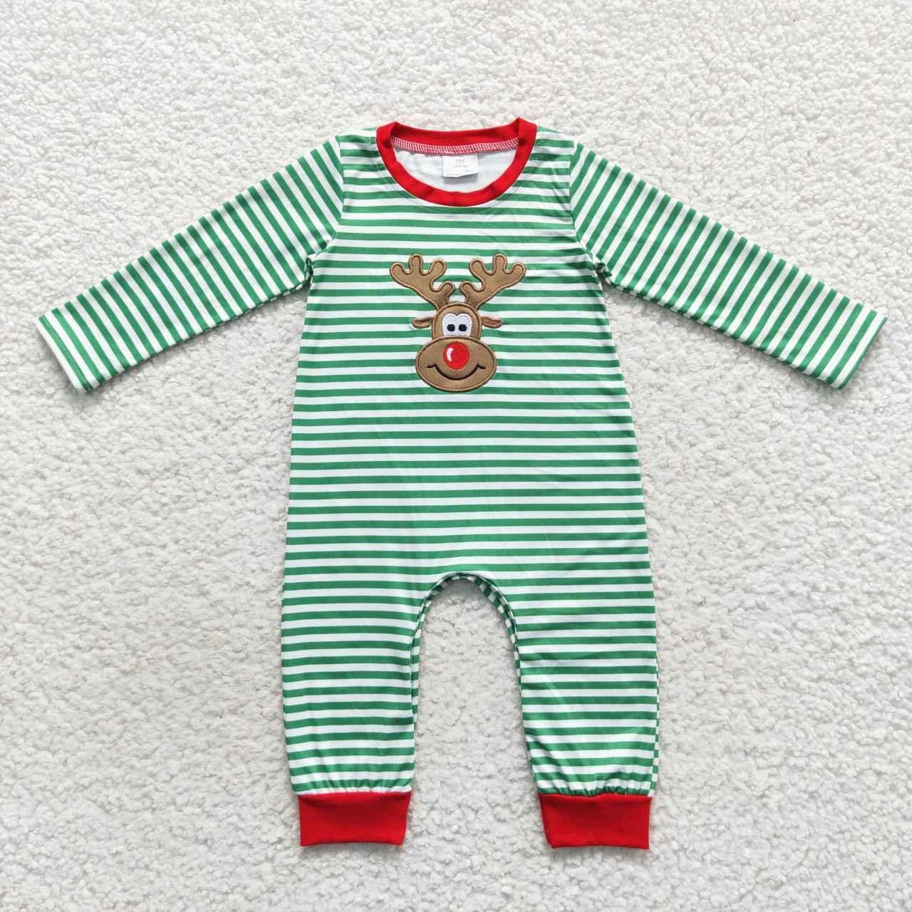 Sibling Baby Kids Christmas Embroidery Deer Stripe Clothes Sets Rompers Dresses