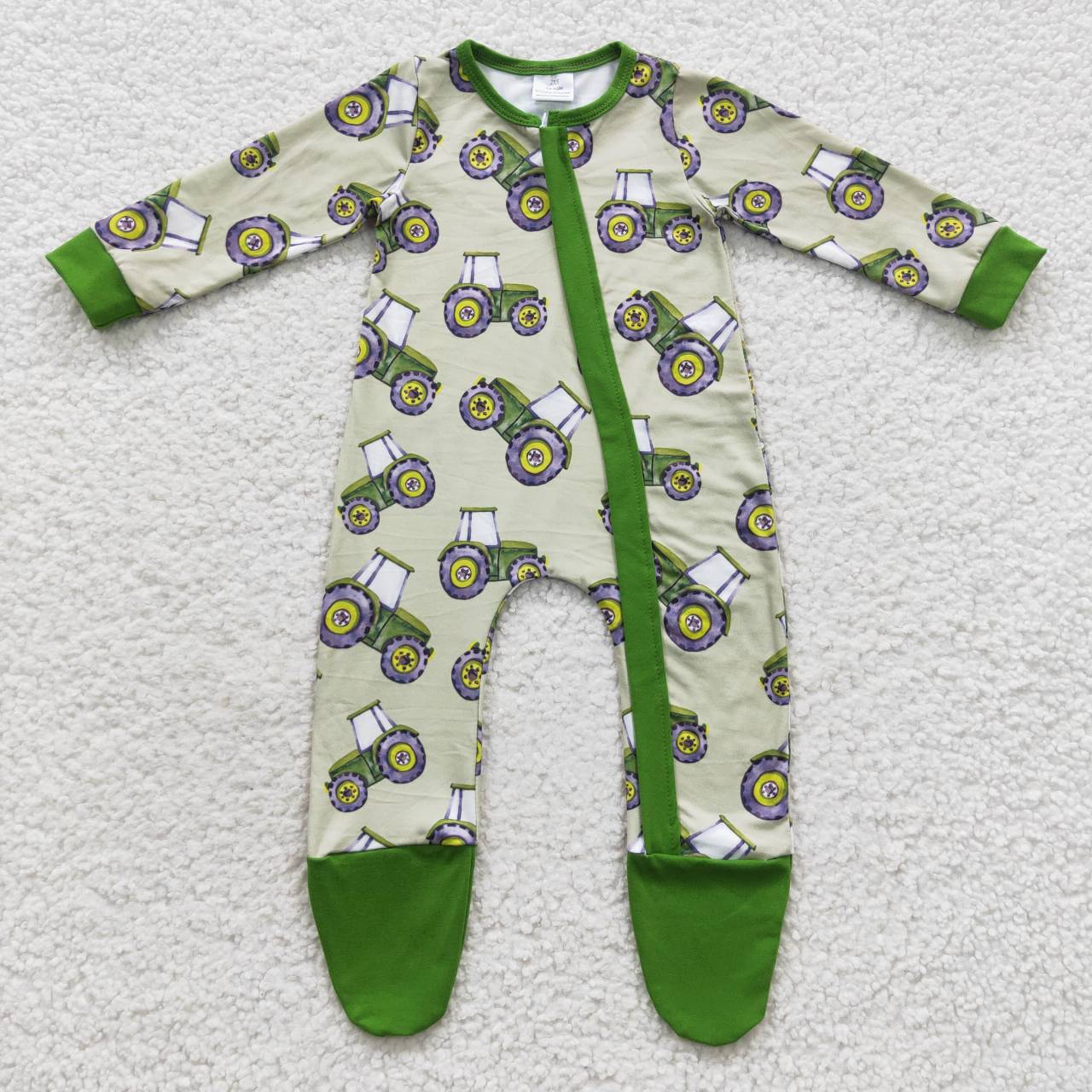 LR0386 Tractors Print Baby Green Farm Zipper Footed Rompers