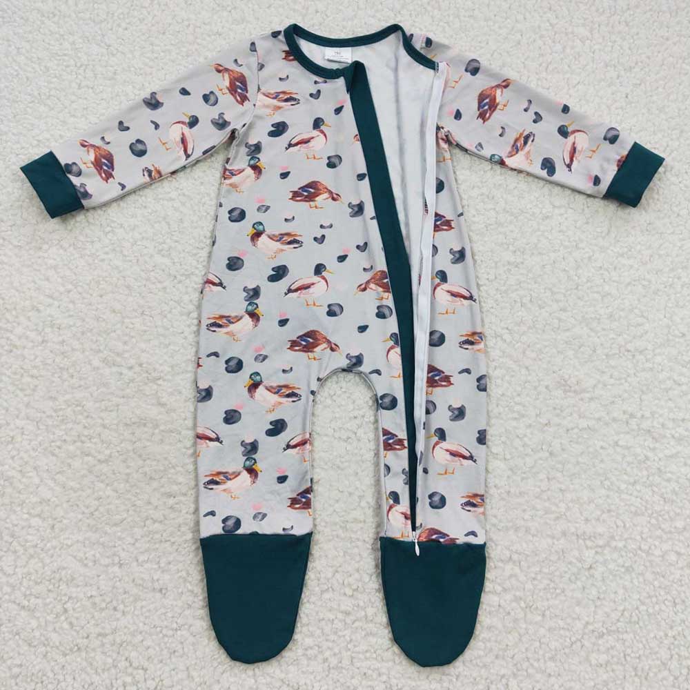 Sibling Baby Boys Ducks Plaid Pajamas Sets Zipper Footed Rompers