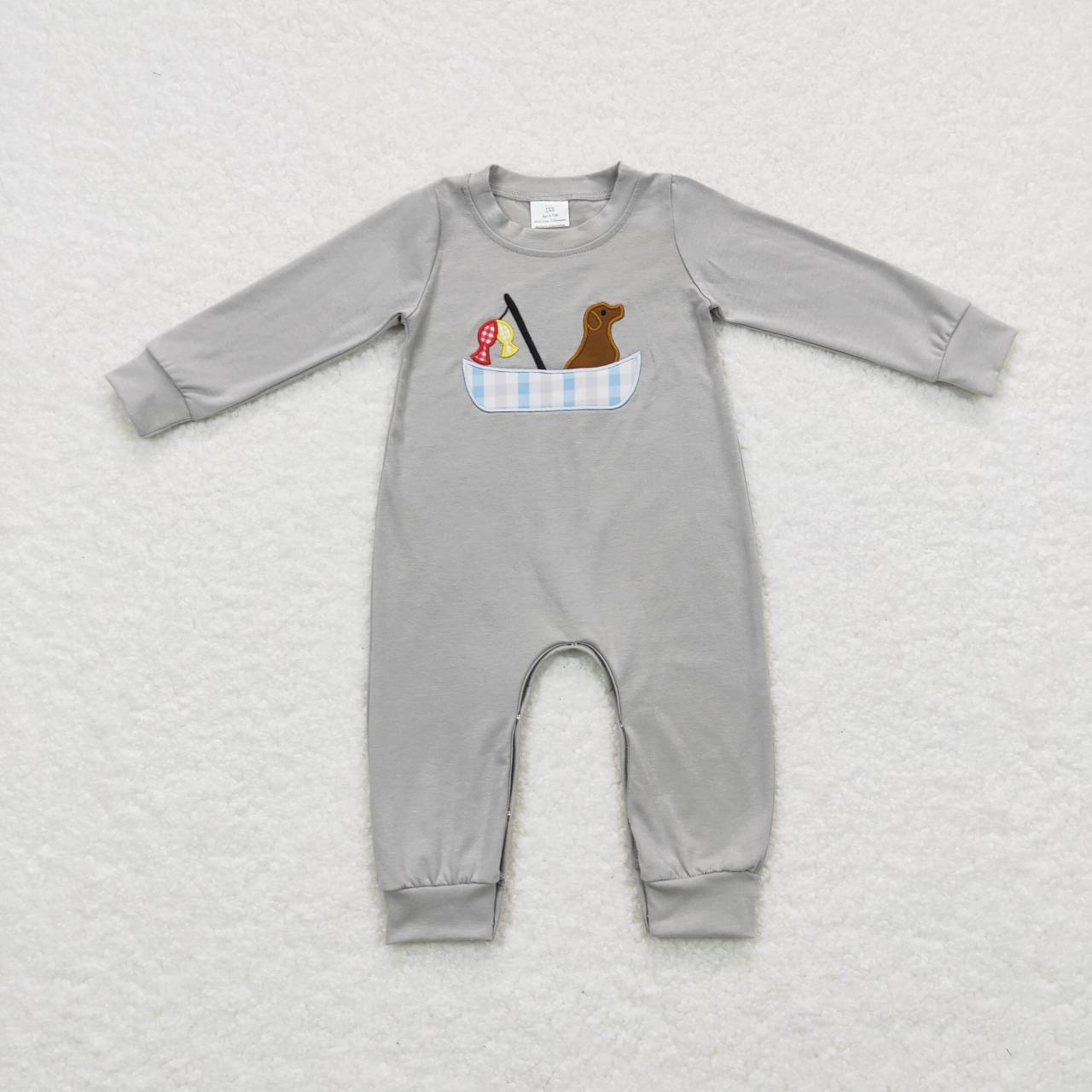 Sibling Embroidery Dogs Fishing Baby Boys Grey Shirt Pants Hunting Clothes Sets Footie Rompers