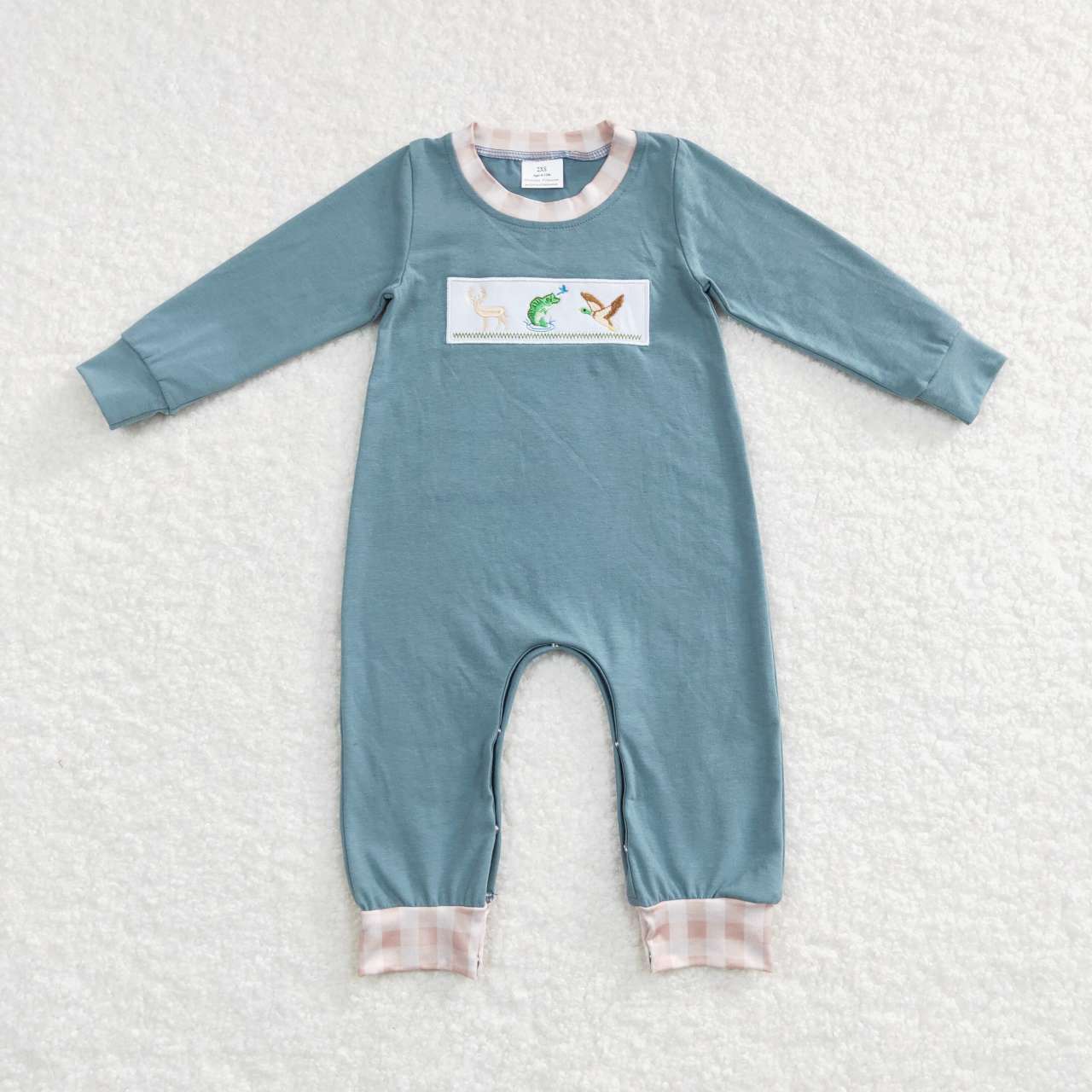 Sibling Baby Boys Embroidery Deer Fish Ducks Top Checked Pants Hunting Clothes Sets Pant Rompers