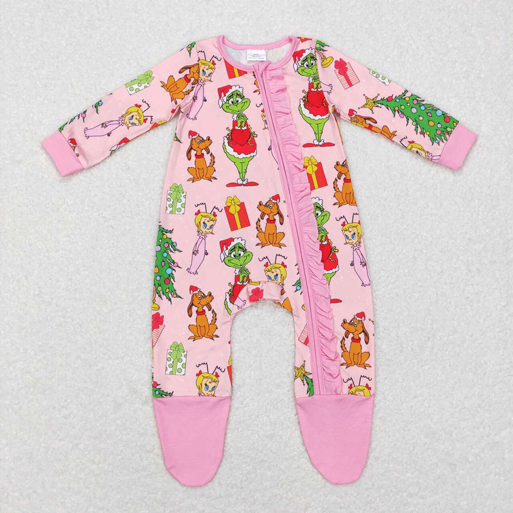 Sibling Baby Kids Long Sleeves Green Face Miss Christmas Pajamas Sets Zipper Footed Rompers