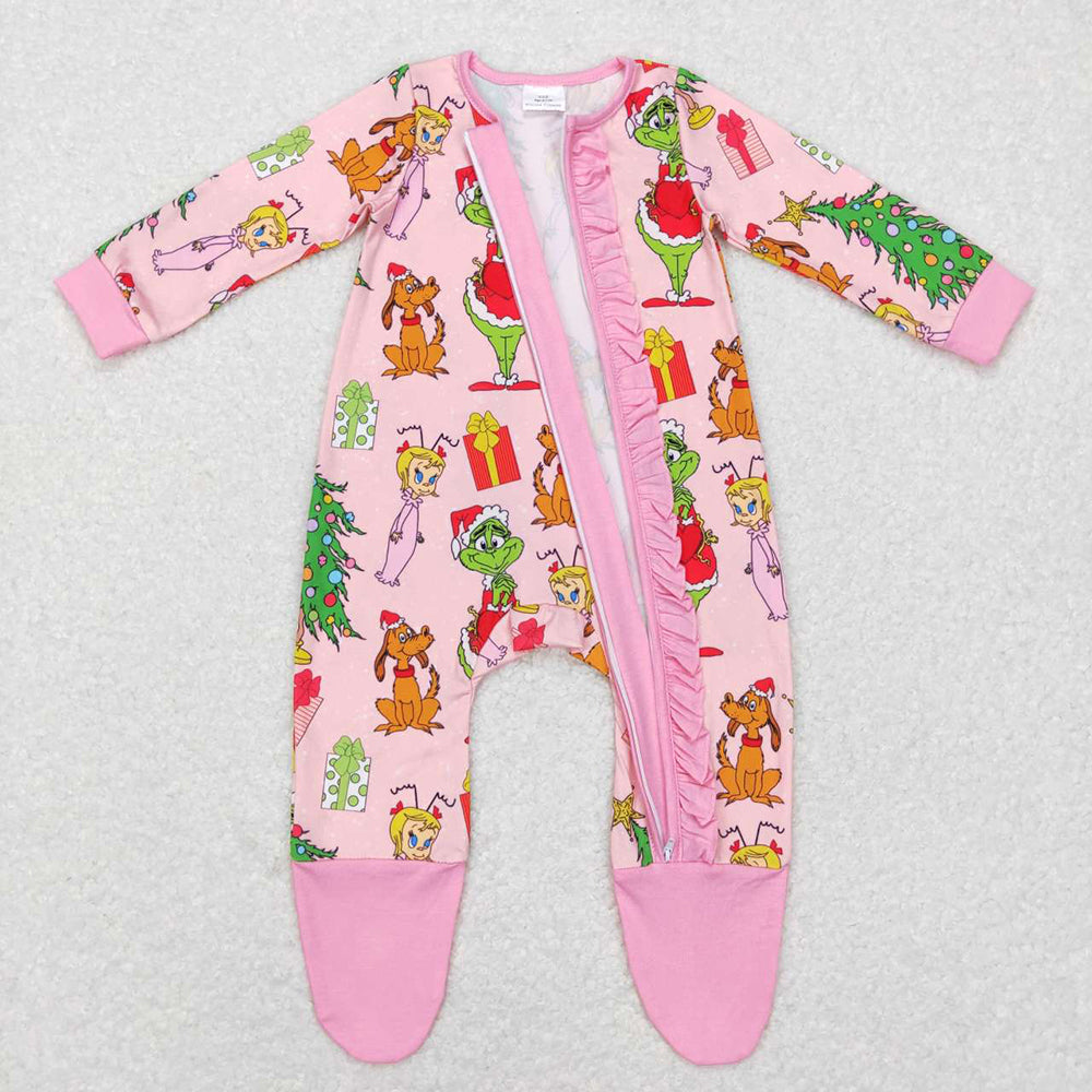 LR0806 Baby Girls Trees Grin Christmas Ruffle Zipper Footed Rompers