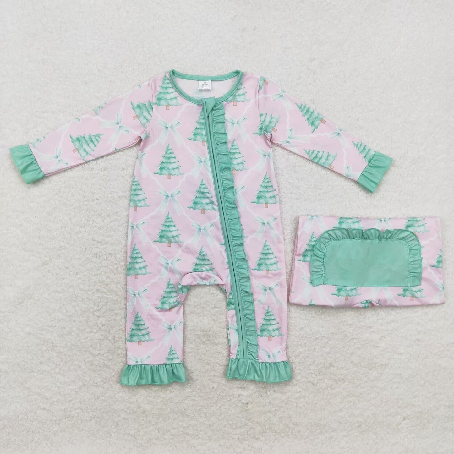 Family Sibling Bows Trees Checked Top Ruffle Pants Christmas Pajamas Sets Zipper Rompers Women Pants