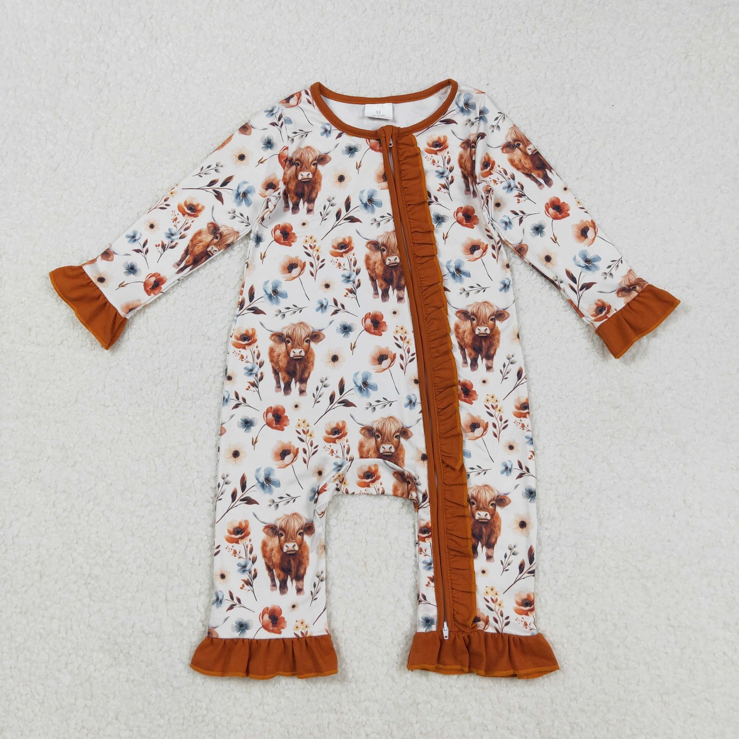 Sibling Baby Girls Highland Cows Flowers Ruffle Collar Western Knee Length Dresses Zipper Rompers