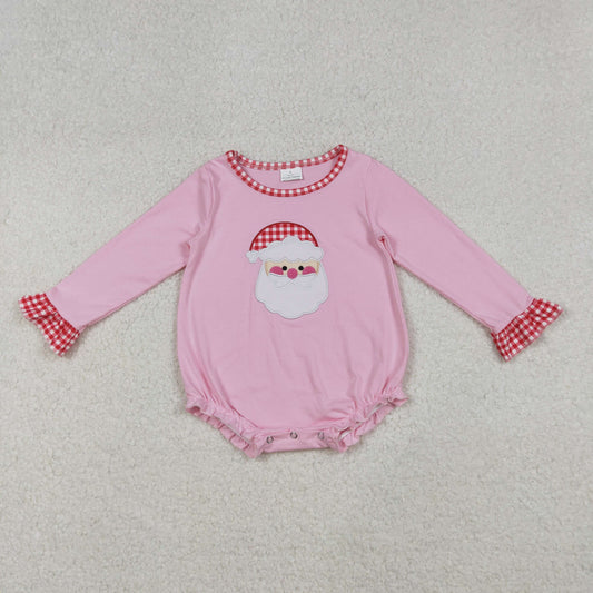 LR1733 Baby Girls Pink Embroidery Santa Long Sleeve Christmas Ruffle Rompers
