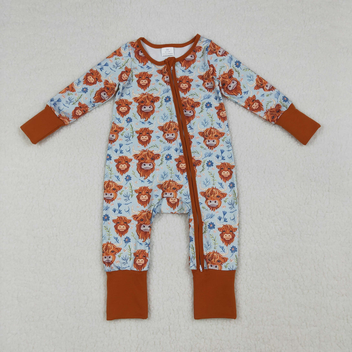 LR1787 Baby Girls Long Sleeve Highlang Cows Flowers Western Two Way Zip Convertible Rompers