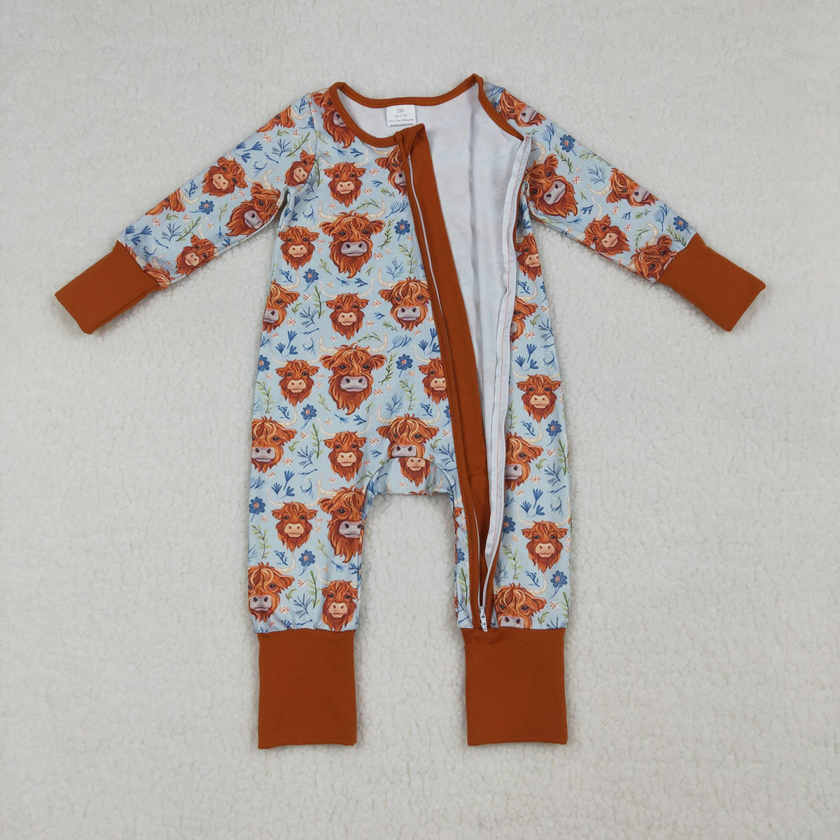LR1787 Baby Girls Long Sleeve Highlang Cows Flowers Western Two Way Zip Convertible Rompers