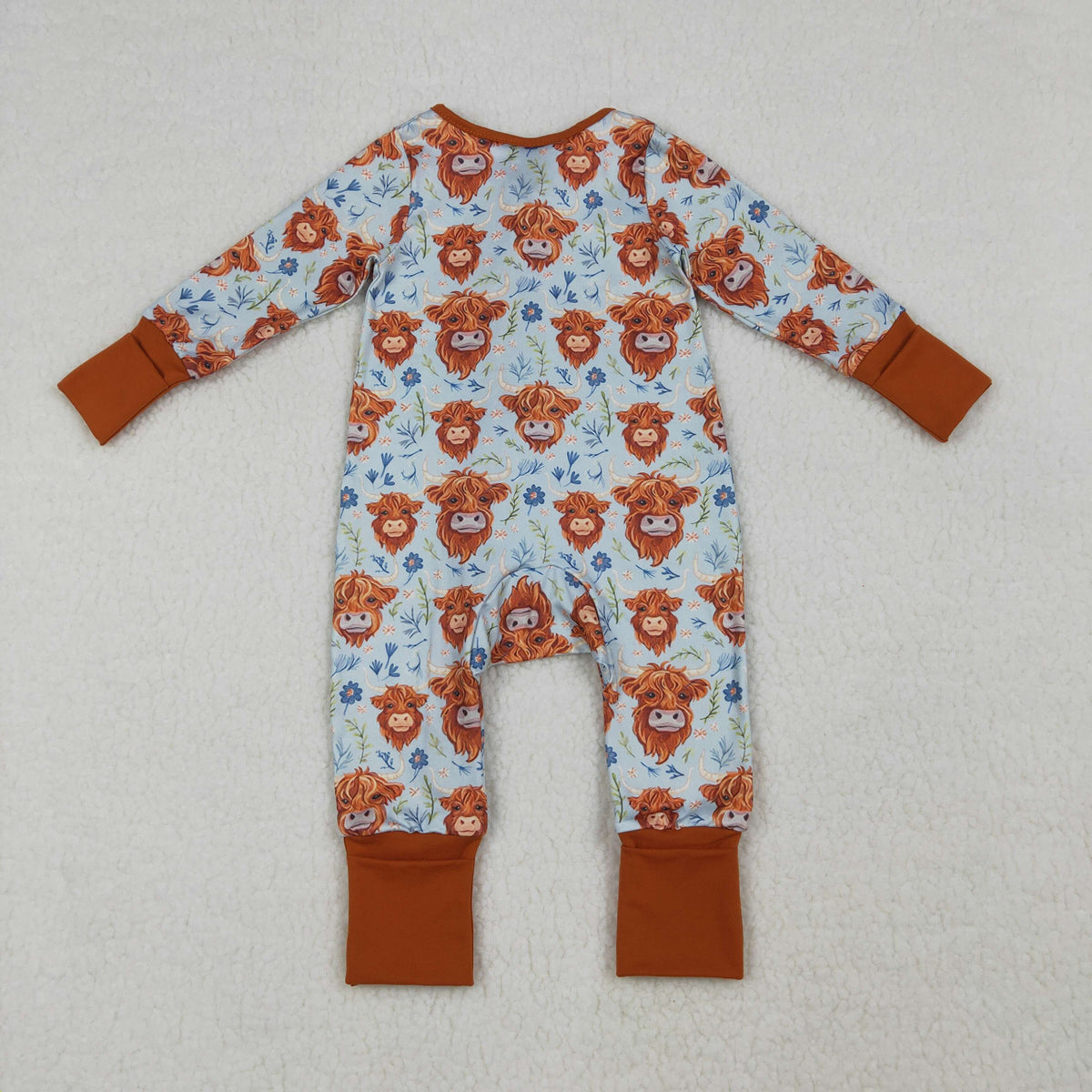 LR1787 Baby Girls Long Sleeve Highlang Cows Flowers Western Two Way Zip Convertible Rompers