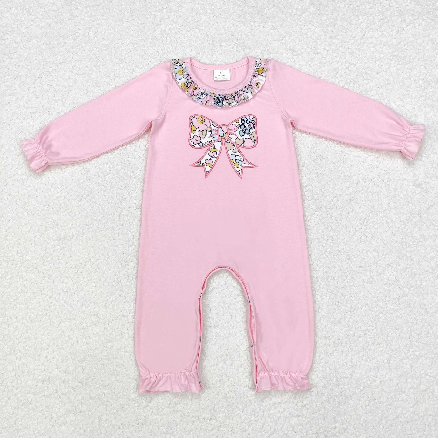 Sibling Embroidery Floral Bows Baby Girls Ruffle Pants Clothes Footie Rompers