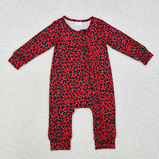 LR1962 baby girls red leopard zip long sleeve rompers