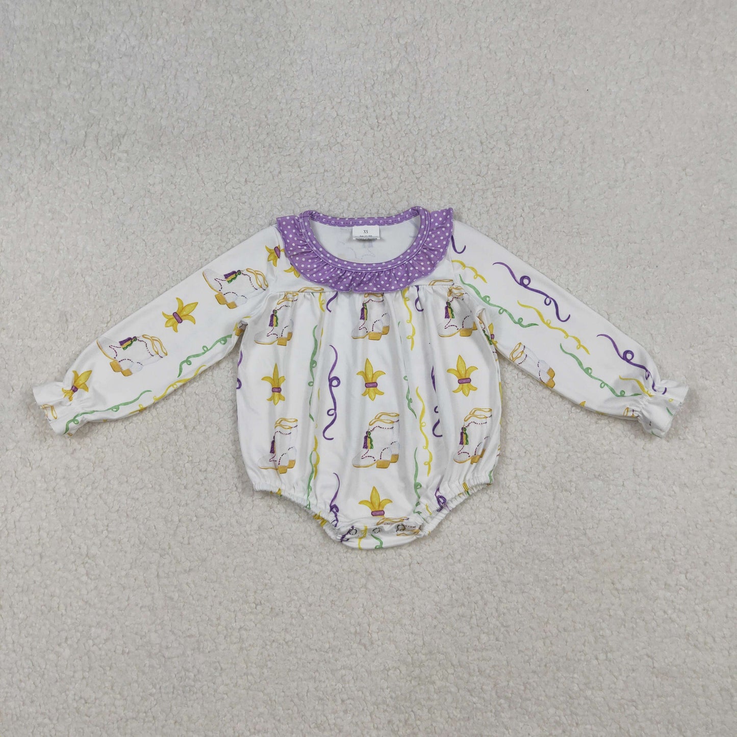 LR2042 Baby Bows Long Sleeve Mardigras Anchors Strip Ruffle Collar Rompers