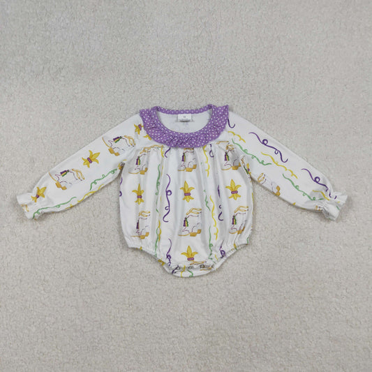 LR2042 Baby Bows Long Sleeve Mardigras Anchors Strip Ruffle Collar Rompers