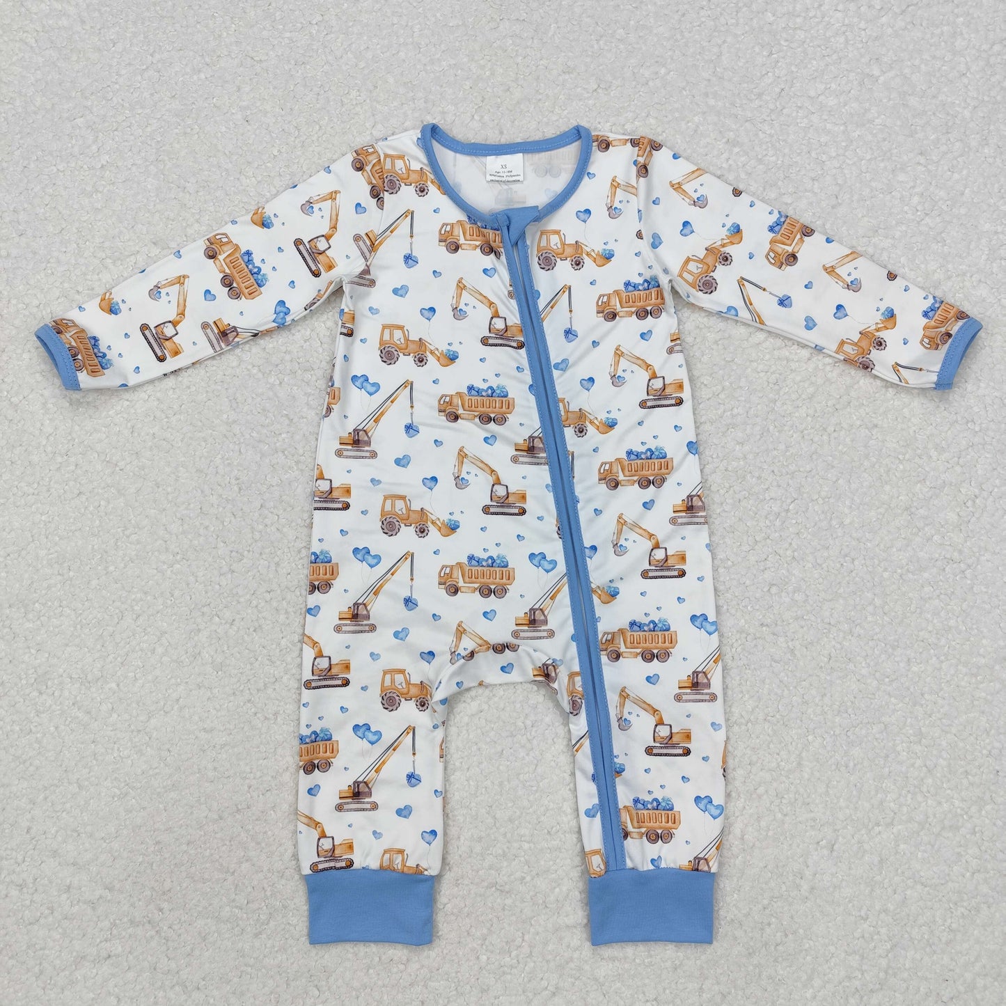 Sibling Baby Boys Blue Hearts Excavators Valentines Hoodie Top Zipper Convertible Rompers