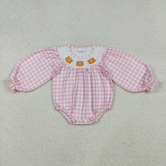 LR2181 Smocked Baby Girls Pink Checked Pumpkins Fall Ruffle Rompers