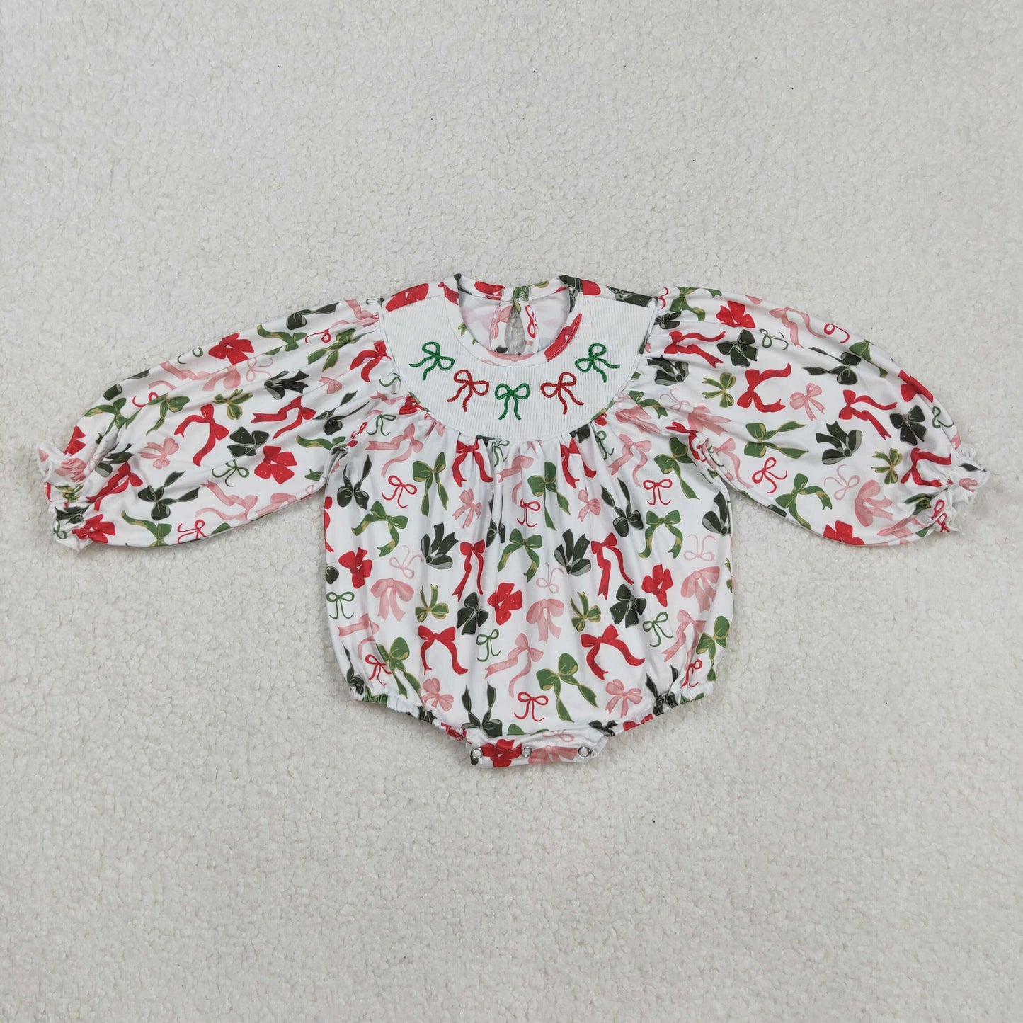 LR2185 Smocked Baby Girls Red Green Bows Christmas Ruffle Rompers